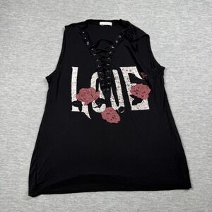 Occasion Tank Top Womens XL Black Lace Up V-Neck Roses Love Graphic Sleeveless